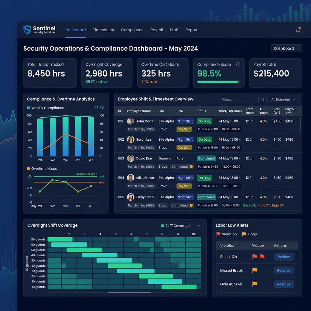 Security shift overtime and compliance management